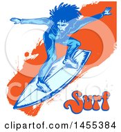 Poster, Art Print Of Blue Male Surfer With Dreadlocks Riding An Orange Splatter Wave And Text