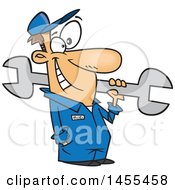 Poster, Art Print Of Cartoon Happy White Car Mechanic Guy Holding A Giant Wrench