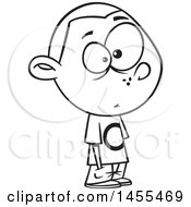 Clipart Of A Cartoon Lineart Boy Waiting In Line With Hands In His Pockets Royalty Free Vector Illustration