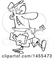 Clipart Of A Cartoon Lineart Happy Male Courier Carrying A Parcel Royalty Free Vector Illustration by toonaday