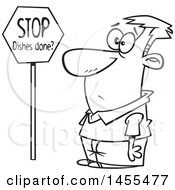 Clipart Of A Cartoon Lineart Man Looking At A Stop Dishes Done Sign Royalty Free Vector Illustration by toonaday