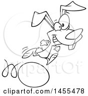 Clipart Of A Cartoon Lineart Easter Bunny Running On And Rolling An Egg Royalty Free Vector Illustration
