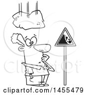 Clipart Of A Cartoon Lineart Boulder Falling On A Man Staring At A Sign Royalty Free Vector Illustration