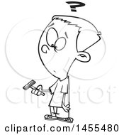 Clipart Of A Cartoon Lineart Boy Holding A Razor And Preparing To Shave For The First Time Royalty Free Vector Illustration