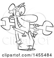 Clipart Of A Cartoon Lineart Happy Car Mechanic Guy Holding A Giant Wrench Royalty Free Vector Illustration