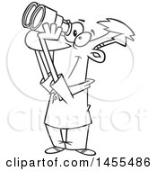 Clipart Of A Cartoon Lineart Happy Guy Looking Through Binoculars Royalty Free Vector Illustration
