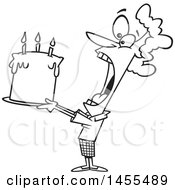 Clipart Of A Cartoon Lineart Lady Swallowing An Entire Birthday Cake Royalty Free Vector Illustration