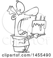 Clipart Of A Cartoon Lineart Man Swallowing An Entire Birthday Cake Royalty Free Vector Illustration