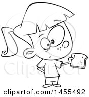 Clipart Of A Cartoon Lineart Girl Holding A Slice Of Bread Royalty Free Vector Illustration