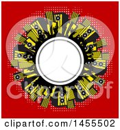 Poster, Art Print Of Round Frame With Silhouetted Hands And Music Speakers On Red