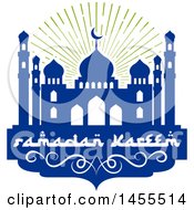 Clipart Of A Blue And Green Ramadan Kareem Design With A Mosque And Text Royalty Free Vector Illustration