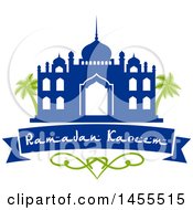Clipart Of A Blue And Green Ramadan Kareem Design With A Mosque Palm Trees And Text Royalty Free Vector Illustration