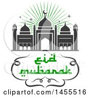 Clipart Of A Green And Dark Gray Eid Mubarak Design With A Mosque And Text Royalty Free Vector Illustration