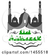 Clipart Of A Green And Dark Gray Eid Mubarak Design With A Mosque And Text Royalty Free Vector Illustration