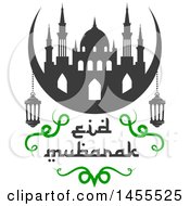 Poster, Art Print Of Green And Dark Gray Eid Mubarak Design With A Mosque And Text
