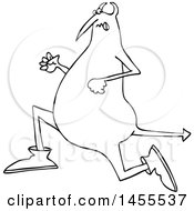 Clipart Of A Cartoon Black And White Chubby Devil Running Royalty Free Vector Illustration