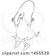 Clipart Of A Cartoon Black And White Chubby Devil Using A Jump Rope Royalty Free Vector Illustration