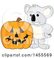 Poster, Art Print Of Koala Bear School Mascot Character With A Halloween Jackolantern Pumpkin