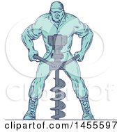 Clipart Of A Drawing Sketched Styled Construction Worker Operating An Auger Drill Royalty Free Vector Illustration
