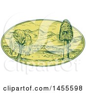Clipart Of A Drawing Sketched Styled Willow And Squioa Tree With A Lake And Mountains In An Oval Royalty Free Vector Illustration
