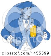 Poster, Art Print Of Drawing Sketched Styled American Patriot Soldier Holding A Beer Mug In A Blue Circle