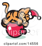 Poster, Art Print Of Orange Cat Wearing A Santa Hat And Lying On A Red Christmas Bauble Ornament
