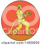 Poster, Art Print Of Drawing Sketched Styled Fireman Holding A Hose In A Circle