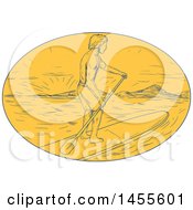Drawing Sketched Styled Man Paddle Boarding At Sunset In A Yellow Oval
