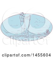 Drawing Sketched Styled Man Paddle Boarding In A Blue Oval