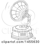 Clipart Of A Black And White Phonograph Gramophone Playing A Vinyl Record Royalty Free Vector Illustration