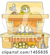 Poster, Art Print Of Cartoon Candle And Mantle Clock Over A Fireplace