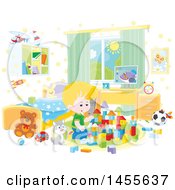 Poster, Art Print Of Cat Sitting Next To A Caucasian Boy Playing With Blocks