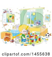 Poster, Art Print Of Cartoon Cat Sitting Next To A Blond White Boy Playing With Blocks