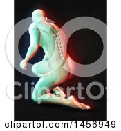 Poster, Art Print Of 3d Medical Male Figure Kneeling With Visible Spine With Dual Color Effect Over Black