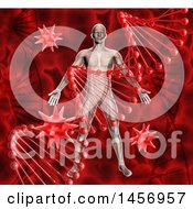 Clipart Of A 3d Medical Anatomical Male With Visible Muscles Over A Red DNA Strand And Virus Background Royalty Free Illustration