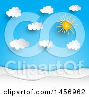 Poster, Art Print Of Paper Cut Out Styled Sun Shining In A Blue Sky With Puffy Clouds