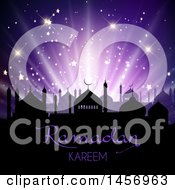 Poster, Art Print Of Silhouetted Mosque With Ramadan Kareem Text Over Purple Rays And Stars