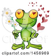 Poster, Art Print Of Romantic Frog Holding Daisy Flowers With A Trail Of Love Hearts