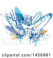 Clipart Of Poseidon Holding A Trident Over Surfboards With A Skull Splatters And Palm Tree Royalty Free Vector Illustration