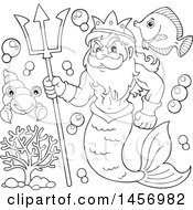 Clipart Of A Black And White Merman Poseidon Holding A Trident And Sea Creatures Royalty Free Vector Illustration by visekart