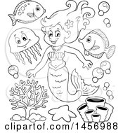 Clipart Of A Cartoon Black And White Mermaid And Sea Creatures Royalty Free Vector Illustration