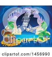 Poster, Art Print Of Silhouetted Pirate Ship Near A Pirate Cave On An Island