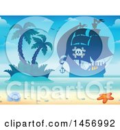 Poster, Art Print Of Silhouetted Pirate Ship Near An Island And Beach