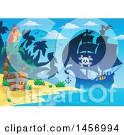 Poster, Art Print Of Silhouetted Pirate Ship Near A Beach With A Parrot And Treasure Chest