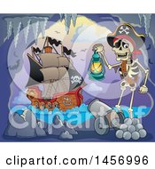 Poster, Art Print Of Pirate Captain Skeleton Holding A Lantern In A Cave A Ship In The Background
