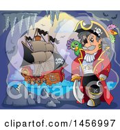 Poster, Art Print Of Pirate Captain With A Parrot In A Cave A Ship In The Background