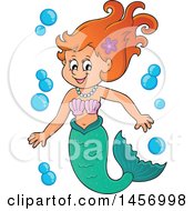 Poster, Art Print Of Cartoon Red Haired Mermaid With Bubbles