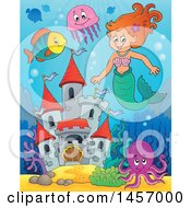 Poster, Art Print Of Cartoon Red Haired Mermaid Near A Castle