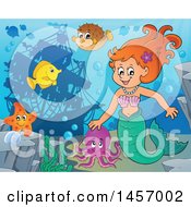 Poster, Art Print Of Cartoon Red Haired Mermaid And Sea Creatures Near A Sunken Ship