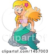 Clipart Of A Cartoon Blond Mermaid Sitting On A Rock Royalty Free Vector Illustration by visekart
